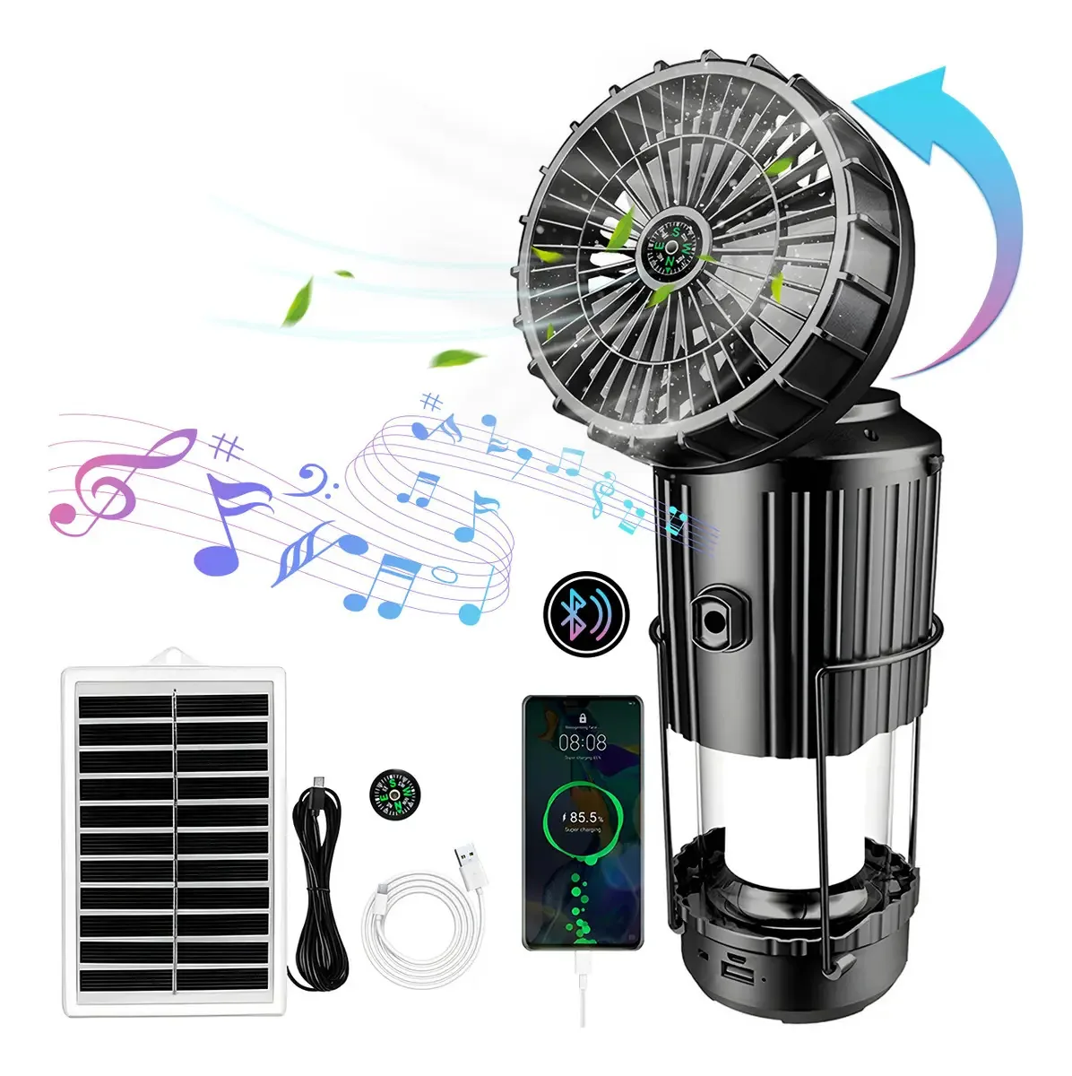 Acessórios Vebreda para acampar 6 em 1, que incluem painel solar, ventilador recarregável, lâmpada de acampamento, alto-falante Bluetooth, carregador solar para celular e bússola