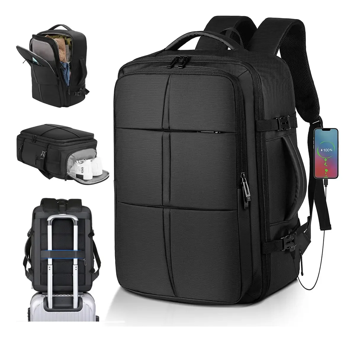 Mochila de viagem Hongge 40l, mochila com compartimento para sapatos, mochilas escolares, mochilas para homens - expansíveis, mochila impermeável, mochila para laptop com porta de carga USB, preta