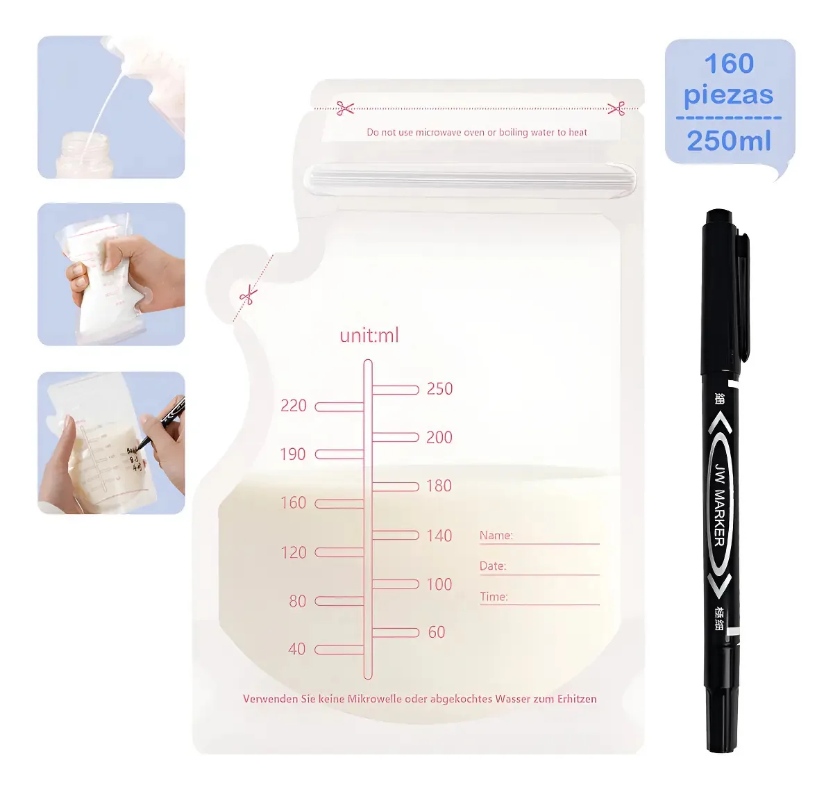 Saco de armazenamento de leite materno 250ml, 160 peças