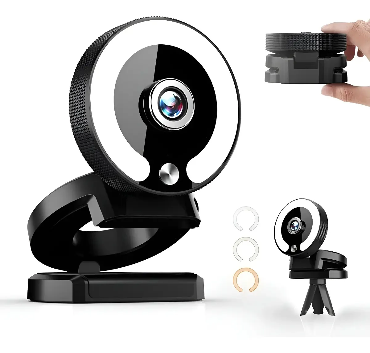 Webcam 4k e Full HD 25fps com microfones pretos e luz LED