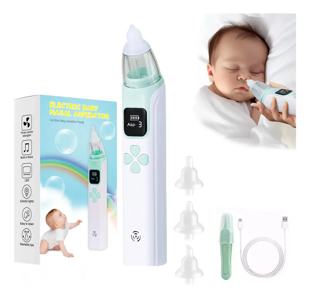 Aspirador nasal elétrico Scettaryy42 para bebês de cor branca com 3 bicos