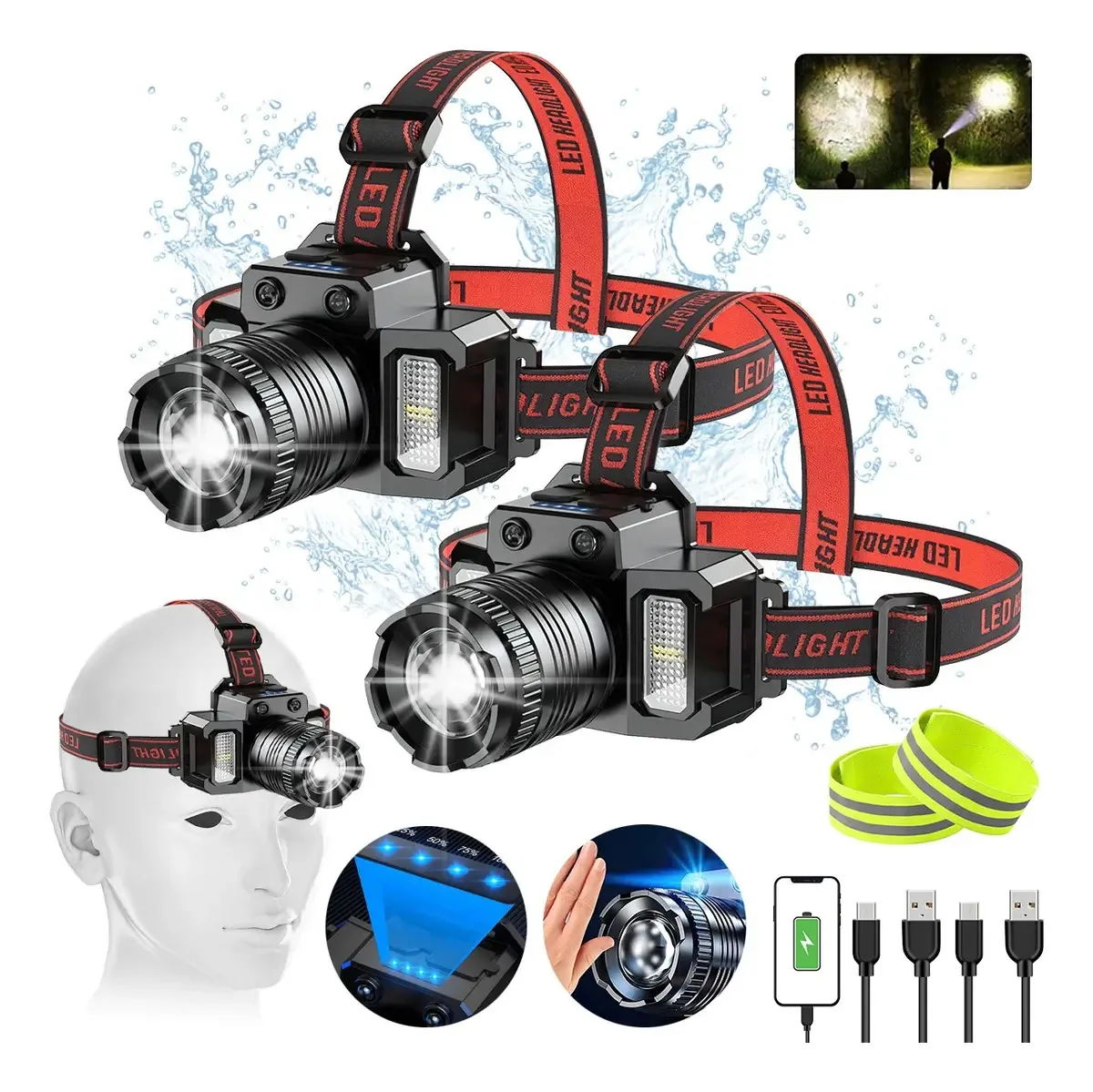 Lâmpada de cabeça de lanterna LED de mineração recarregável com sensor 2pc