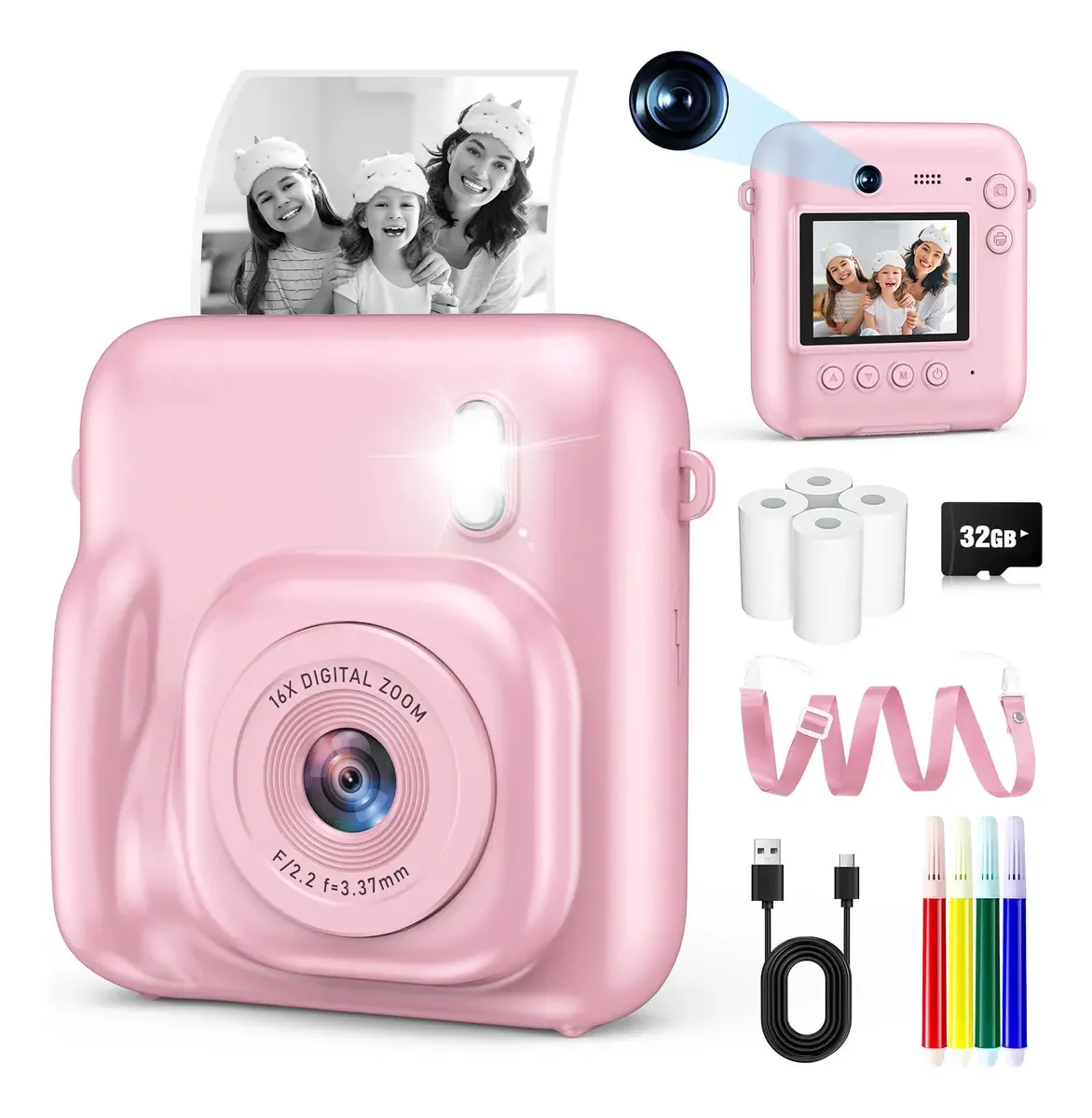Câmera digital para crianças, selfies de vídeo 1080p imprimíveis, rosa