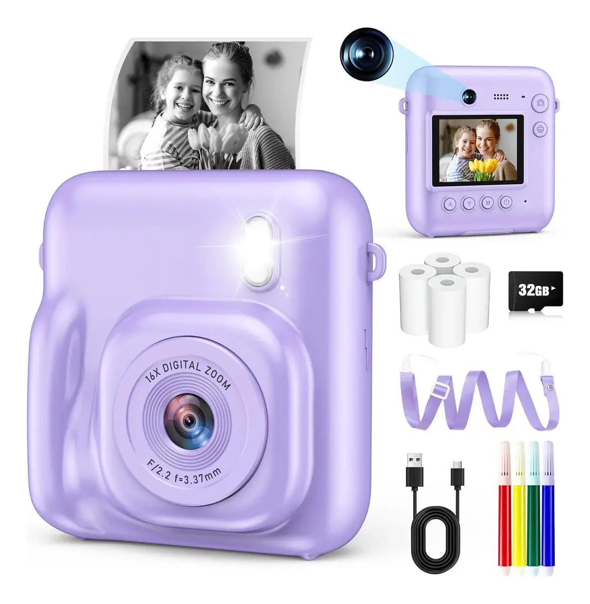 Câmera digital para crianças, selfies de vídeo 1080p imprimíveis, cor violeta