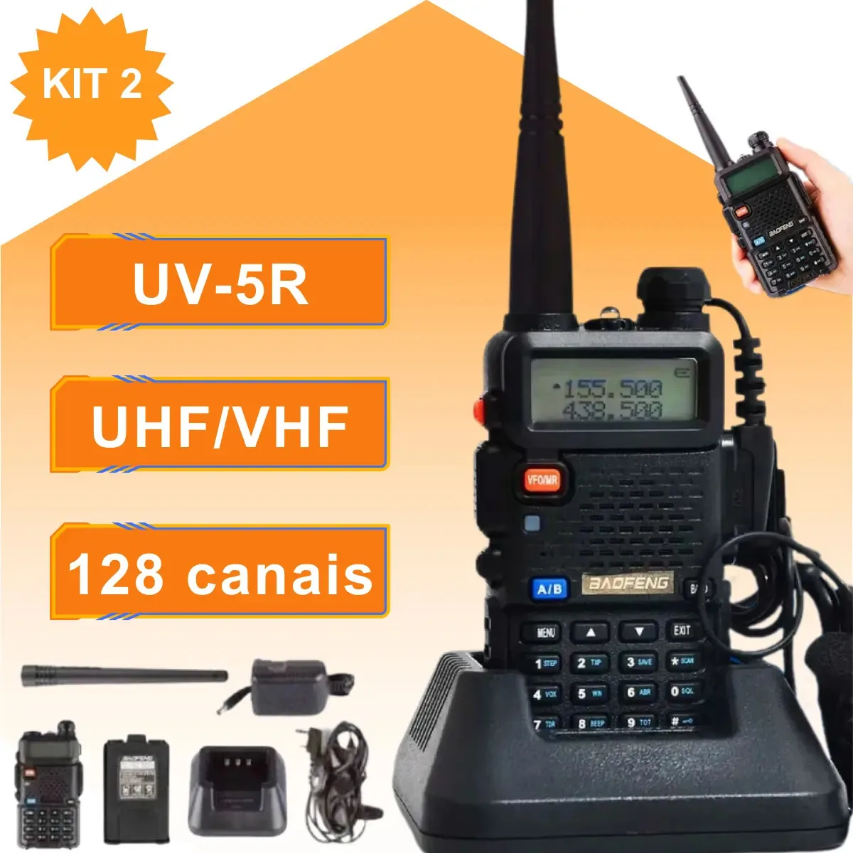 Kit 2 Rádios Comunicadores Baofeng UV-5R Dual Band Com 128 Canais e Fone PTT