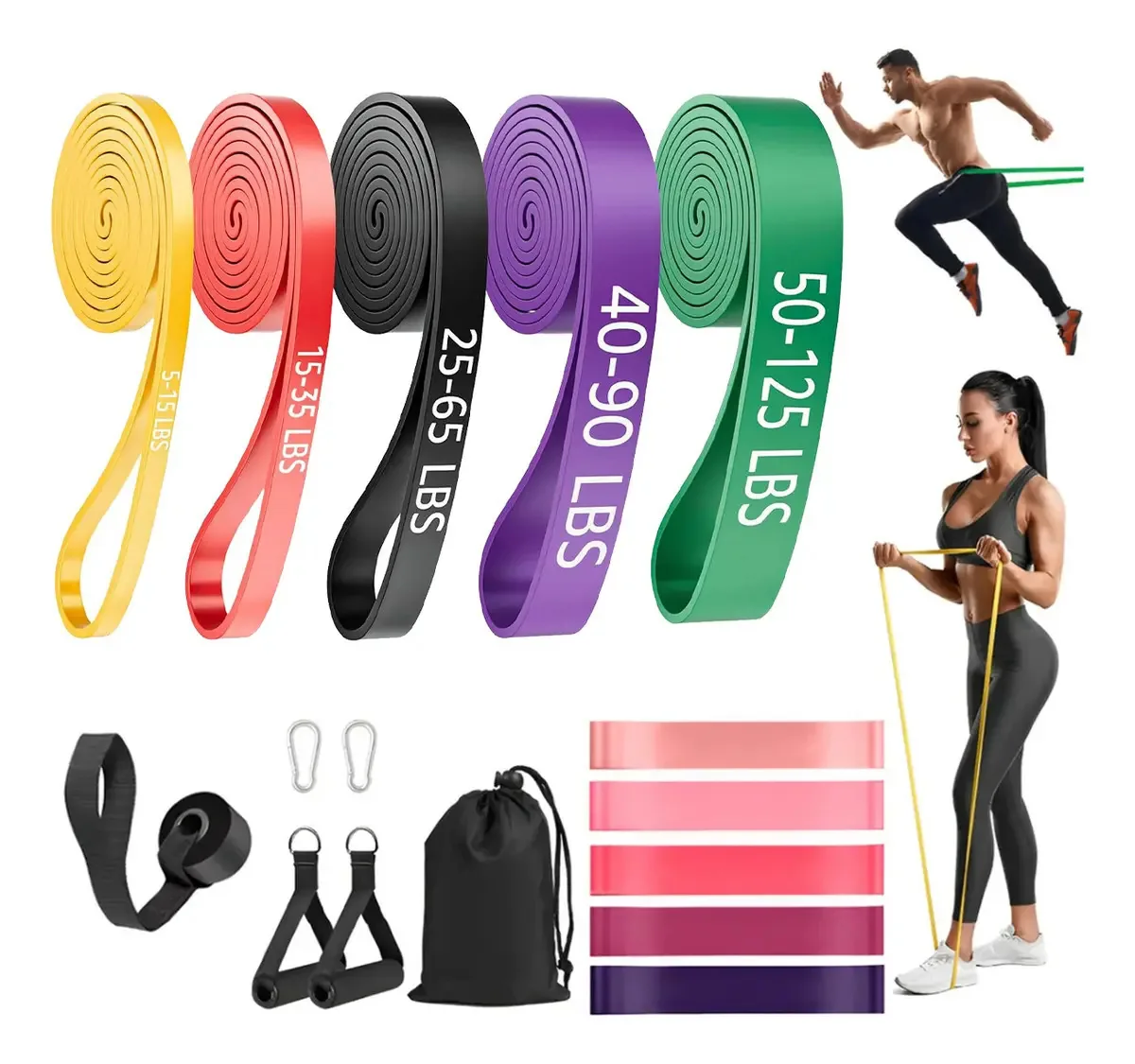17 faixas de resistência, faixas elásticas para exercícios, incluem 5 faixas de resistência, 5 faixas de resistência ao quadril, uma âncora de porta, 2 alças, 2 ganchos e 2 bolsas de armazenamento.