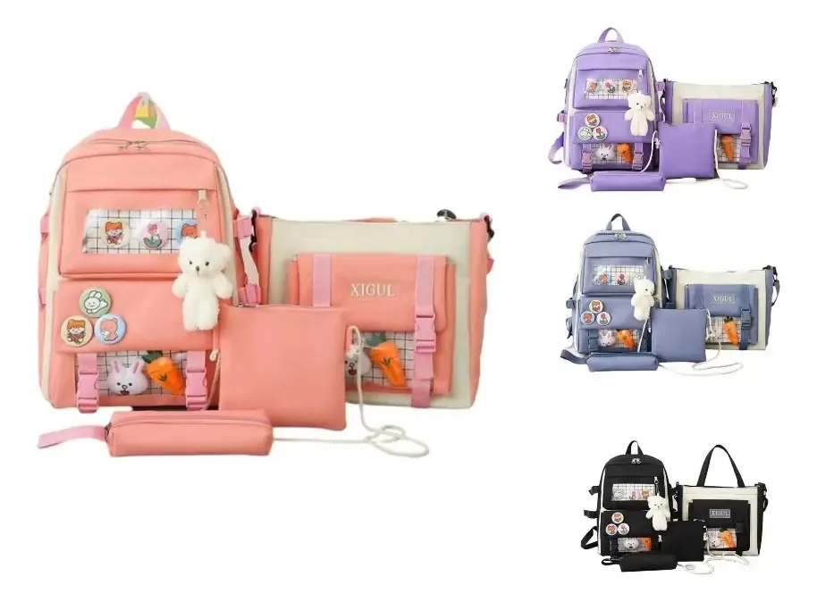 Conjunto de 4 mochilas escolares para laptop para estudantes, caneta rosa, design de tecido, Homem-Aranha