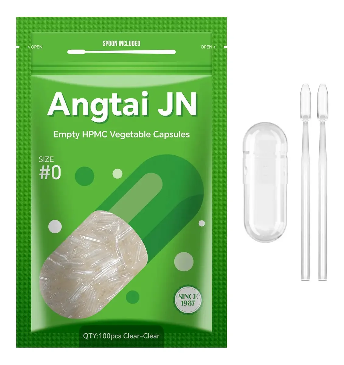 Cápsulas vazias de Angtai Jn, tamanho 0, cápsulas veganas. Cor clara
