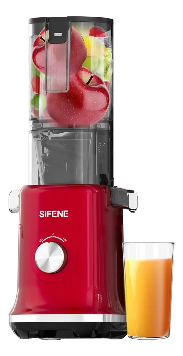 Entre nas máquinas de espremer frutas a frio. Cor: vermelho