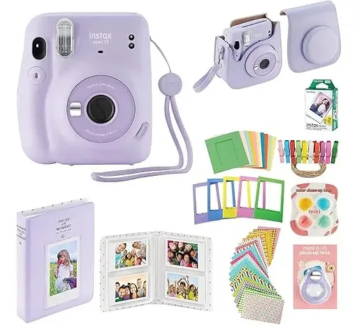 Fujifilm Instax Mini 11 - Câmera instantânea com estojo, 20 filmes Fuji, adesivos decorativos, molduras, álbum de fotos, kit de acessórios (roxo roxo)