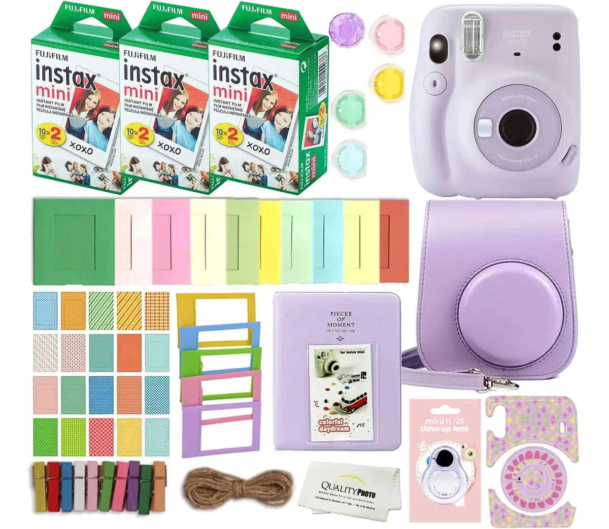 Fujifilm Instax Mini 11 - Câmera instantânea com estojo, 60 filmes Fuji, adesivos decorativos, molduras, álbum de fotos e mais kit de acessórios (roxo)