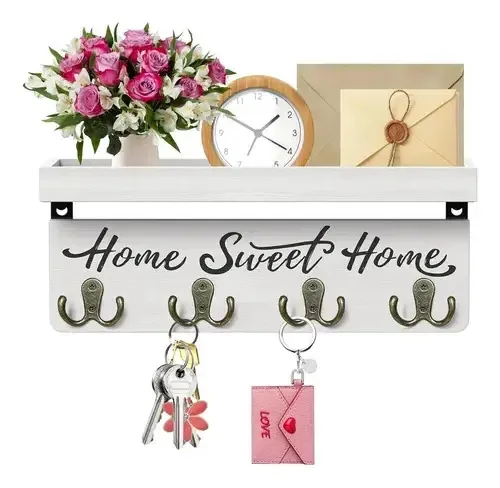 Porta-Chaves Flip Madeira Branco Com Prateleiras 51x7cm Retangular