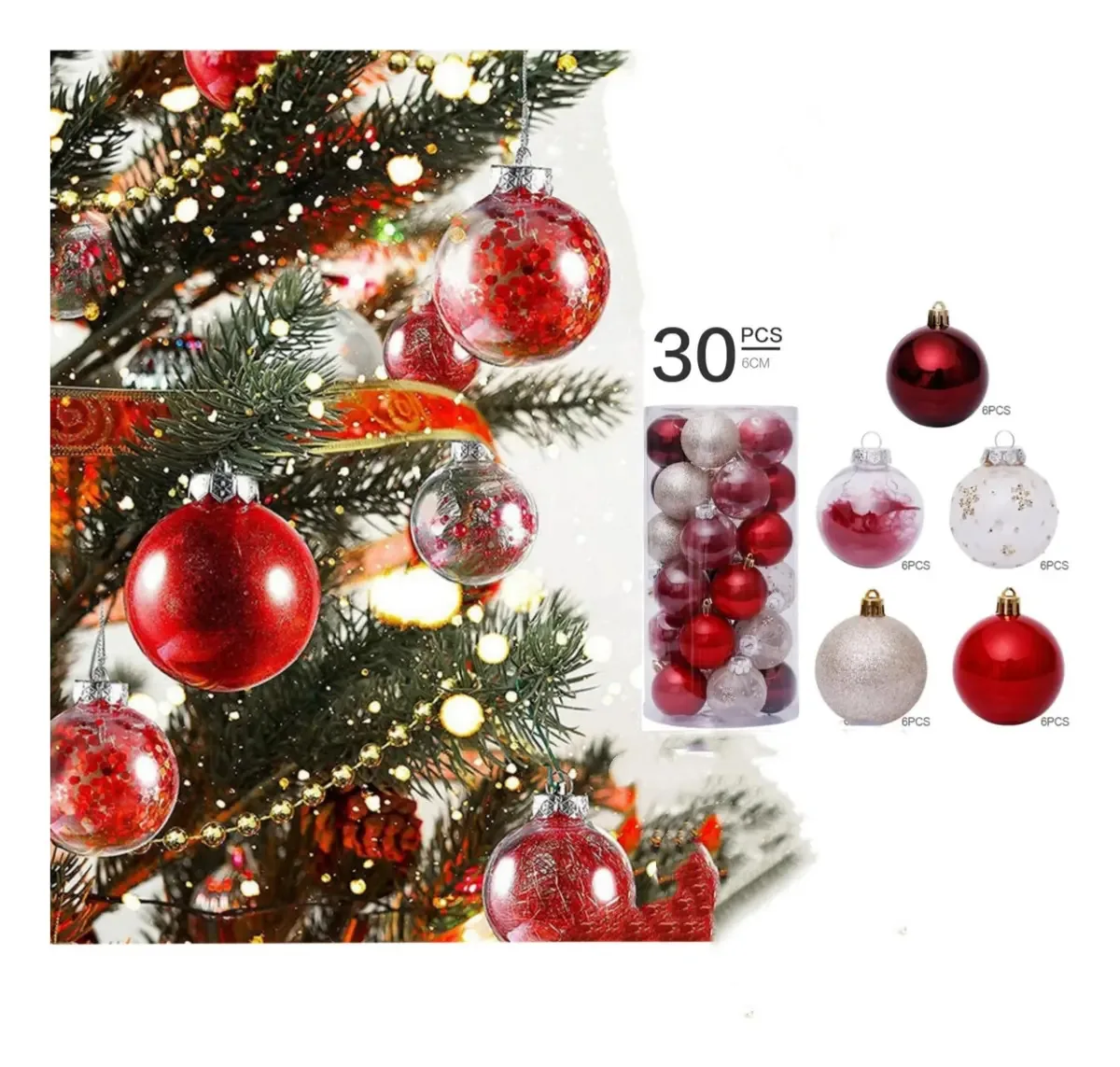 Decoração de 30 esferas de Natal Enfeite de árvore de Natal Decoração de Natal Enfeites de Natal Enfeites de festa em casa - vermelho