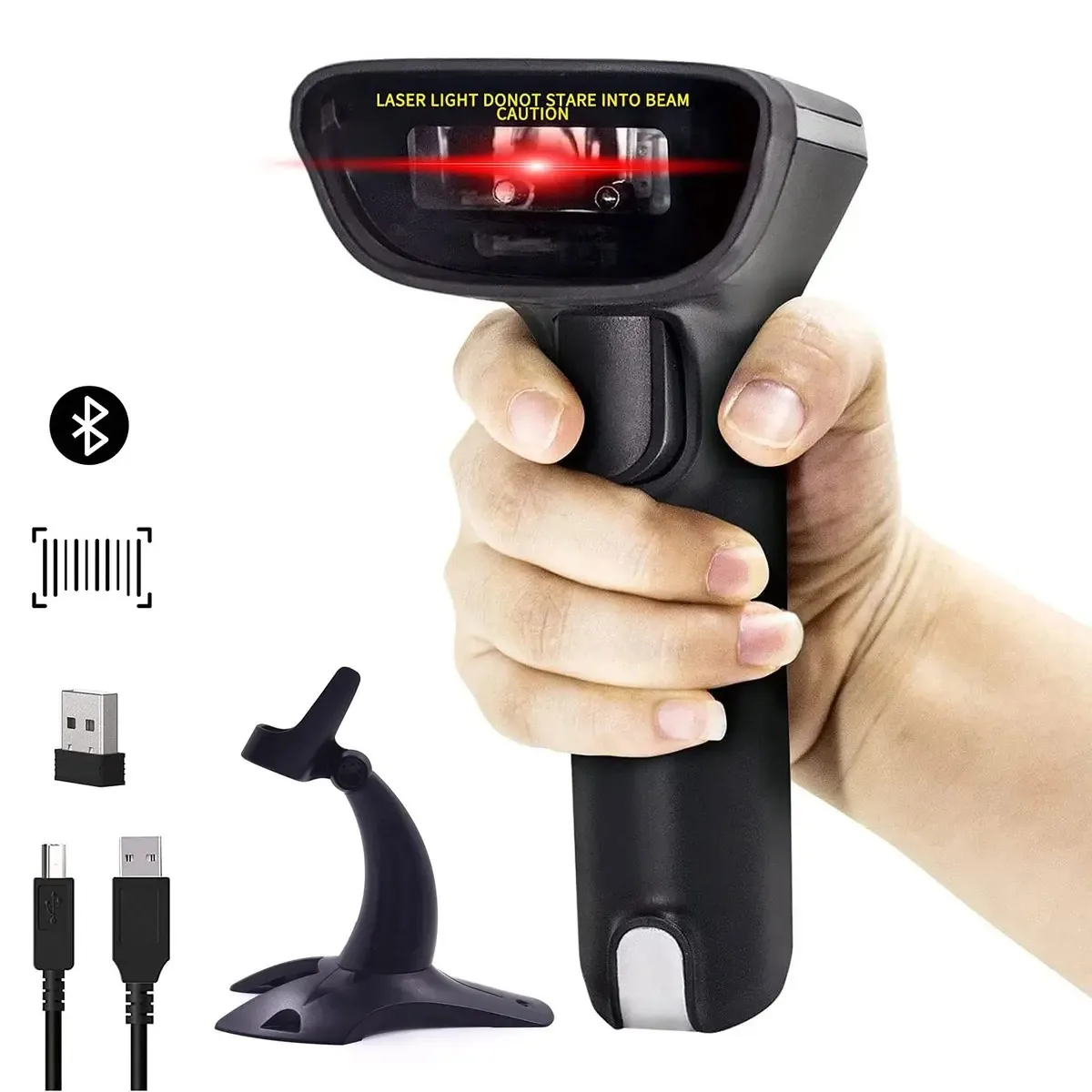 Leitor de código de barras sem fio compatível com Bluetooth, com suporte USB, leitor de código de barras automático 1d para gerenciamento de inventário, funciona com Windows/Mac OS/Linux, fabricado