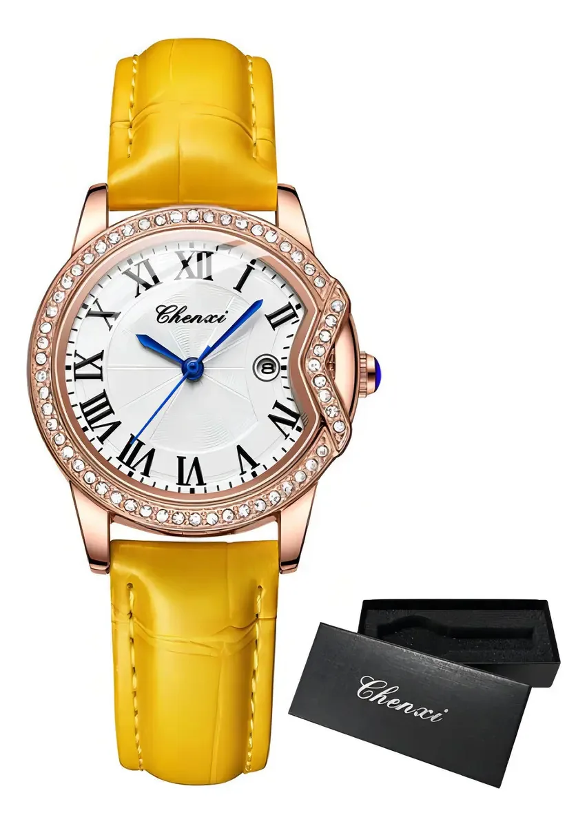 Relógios Impermeáveis Femininos Chenxi Diamond Leather Correia Amarelo