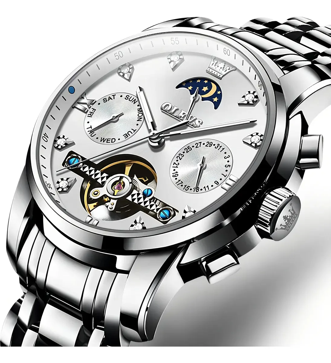 Relógios mecânicos Olevs Tourbillon Chronograph, cor de fundo prateada