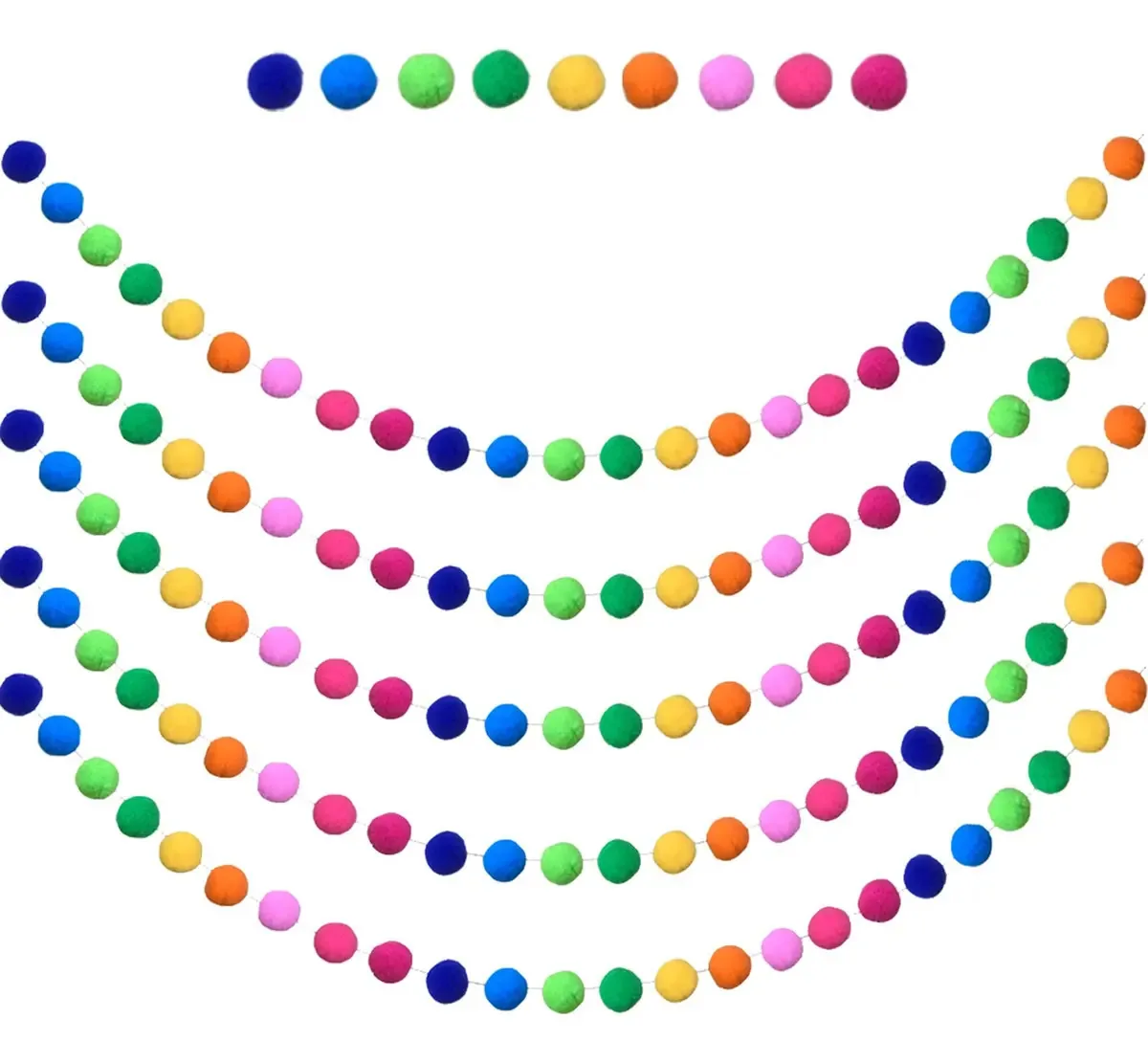Guirlandas coloridas com pompons e bolas para decoração