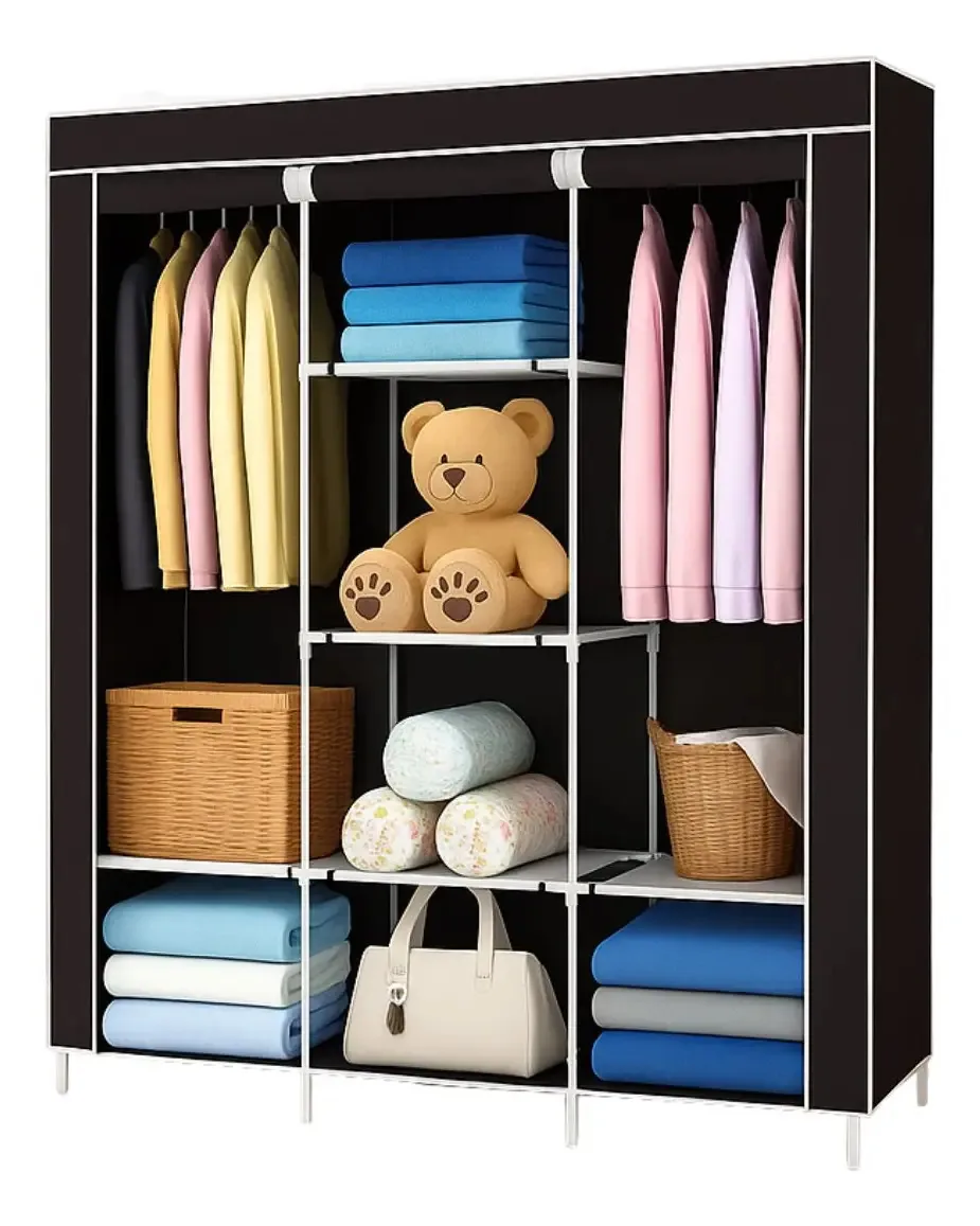 Armário portátil Kaimon, organizador de roupas, prateleiras, cor: preto