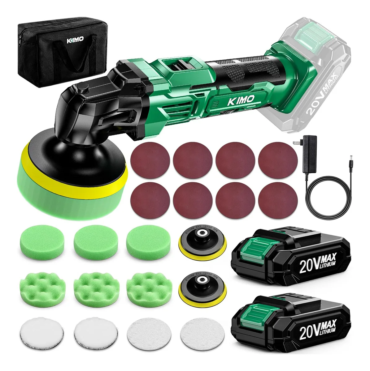 Kimo - Polidor de Carro de 20 V com 2 Baterias de 2.0, 24 Acessórios, Polidor de Carro de 4 Polegadas, 6 Velocidades Variáveis de Até 3634 Rpm, Polidor Sem Fio