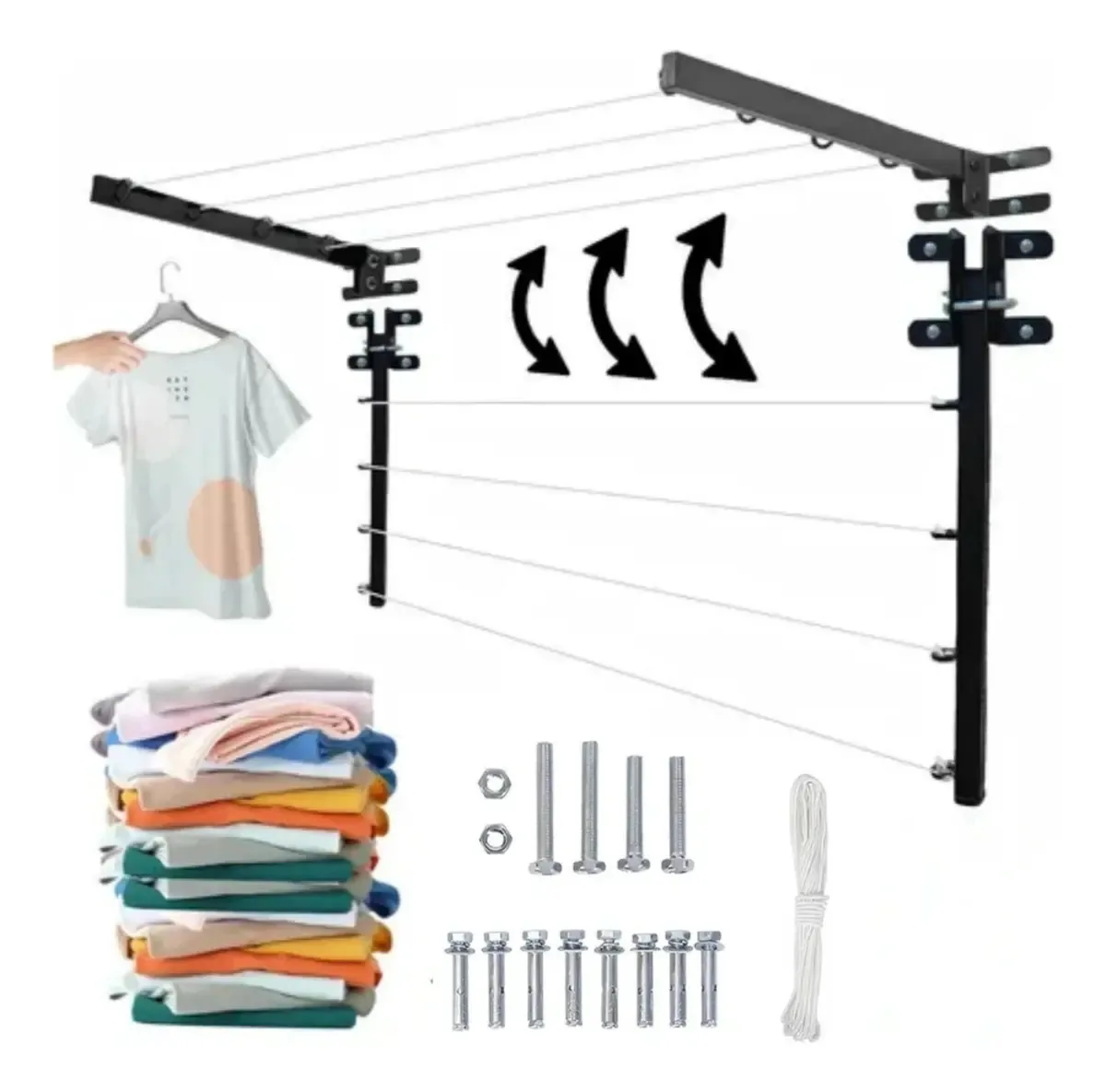 Prateleiras de roupas dobráveis, roupas retráteis, reforçadas, metal preto