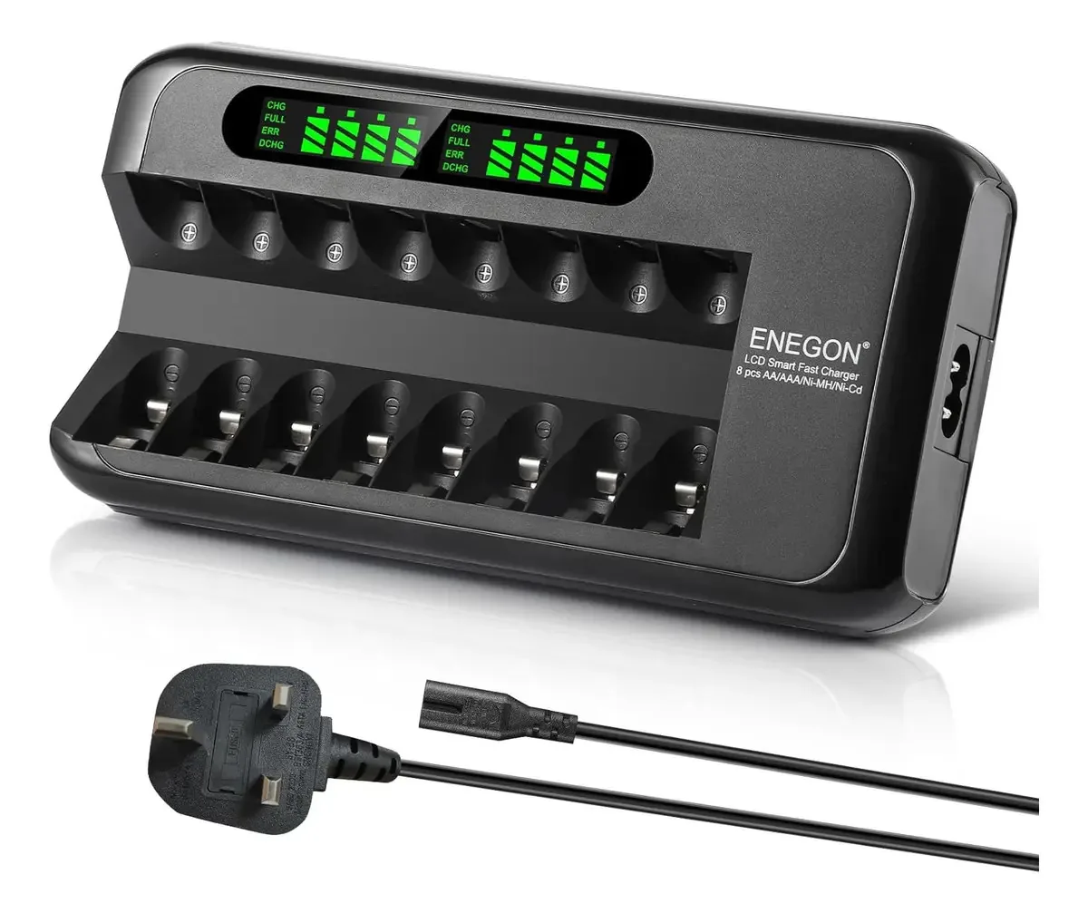 Carregador de Pilhas Recarregáveis Enegon, Carregador Rápido com Adaptador CA e Tela LCD Inteligente, Carregador Independente de 8 Slots para Pilhas Recarregáveis AA AAA Ni-MH Ni-CD