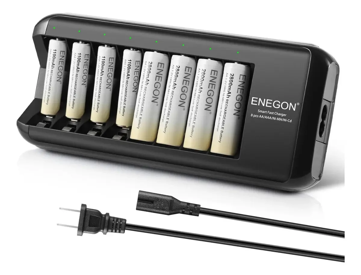 Carregador Rápido Enegon De 8 Slots Inclui 4 Pilhas Recarregáveis Ni-mh Aaa De 1100mah E 4 Pilhas Recarregáveis Aa De 2800mah, Baterias De Alta Capacidade Para Uso Doméstico De Duplo A E Triplo A
