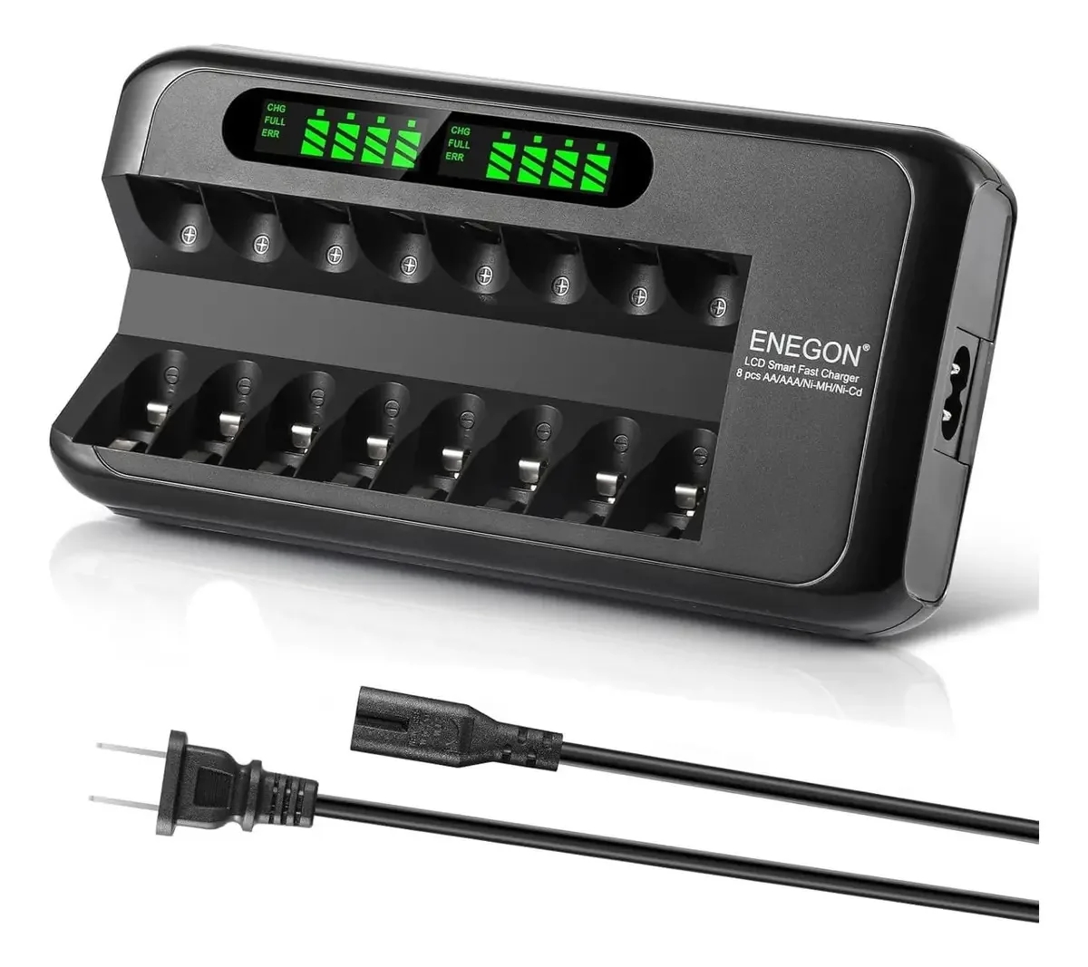 Carregador de bateria recarregável Enegon, carregador de bateria rápido com adaptador AC e display LCD inteligente, carregador de bateria independente de 8 slots para baterias recarregáveis Aa Aaa...