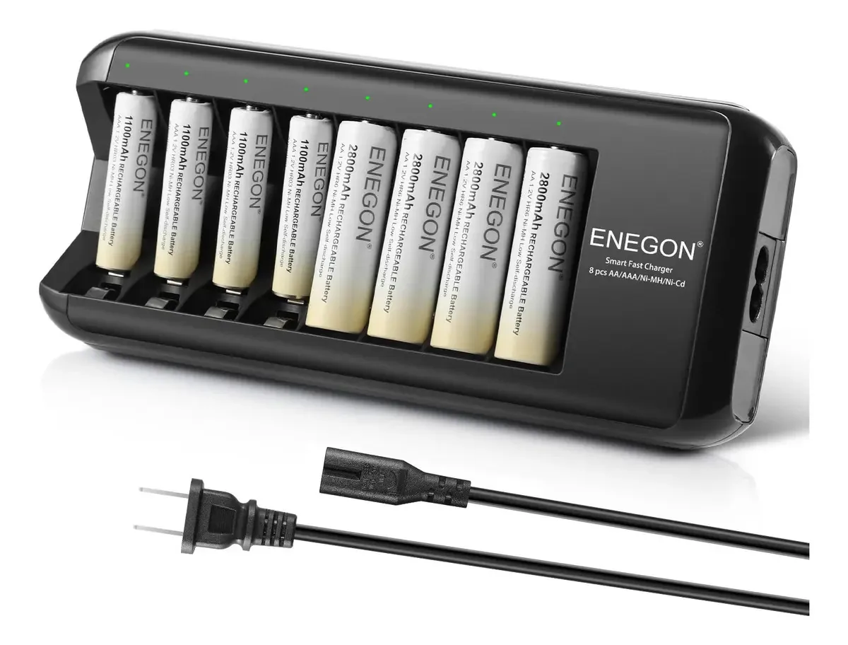 O carregador rápido Enegon de 8 slots inclui 4 baterias recarregáveis Ni-MH AAA 1100mAh e 4 baterias recarregáveis AA de 2800mAh, baterias de alta capacidade para uso doméstico Dual-A e Triple-A