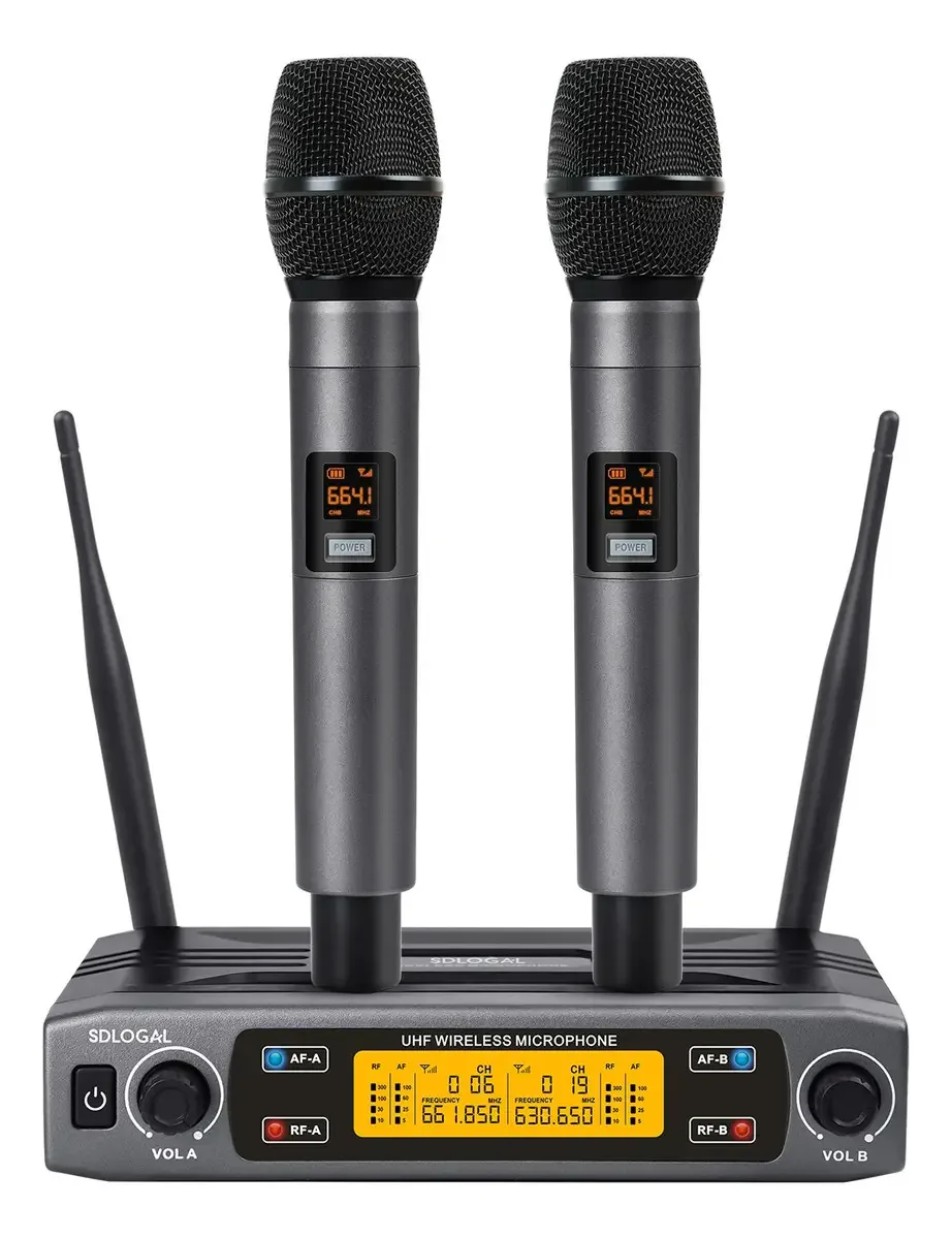 Microfones sem fio recarregáveis de frequência ajustável UHF - cor preta