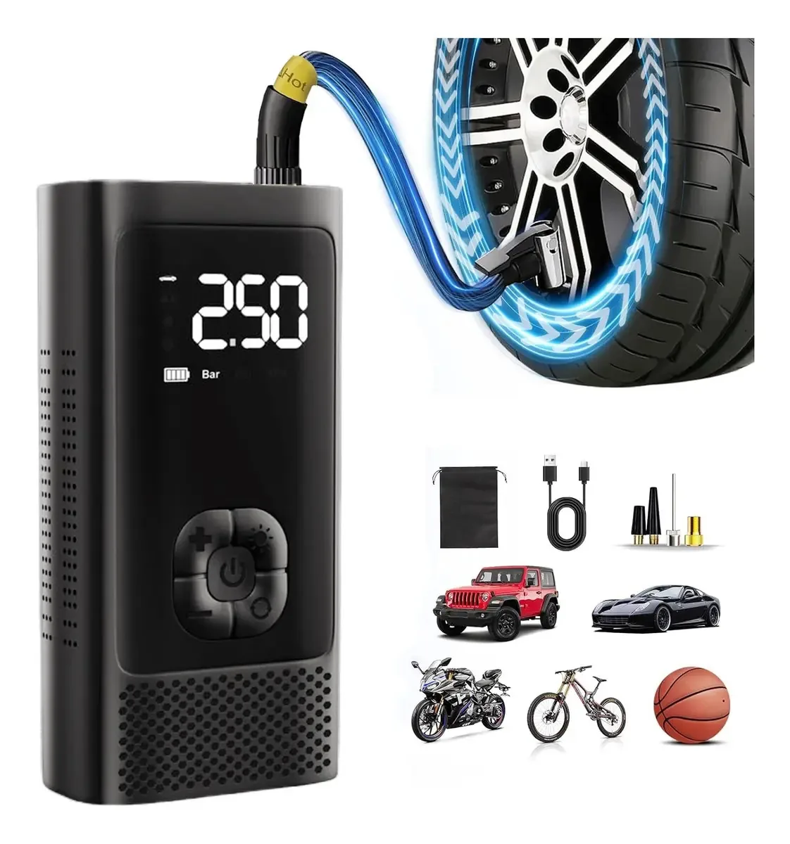 Compressor de ar portátil, bombas de ar elétricas, pneus infladores, 150 Psi, Power Bank, 4500mah, cor preta, Czx11 Xiudeen