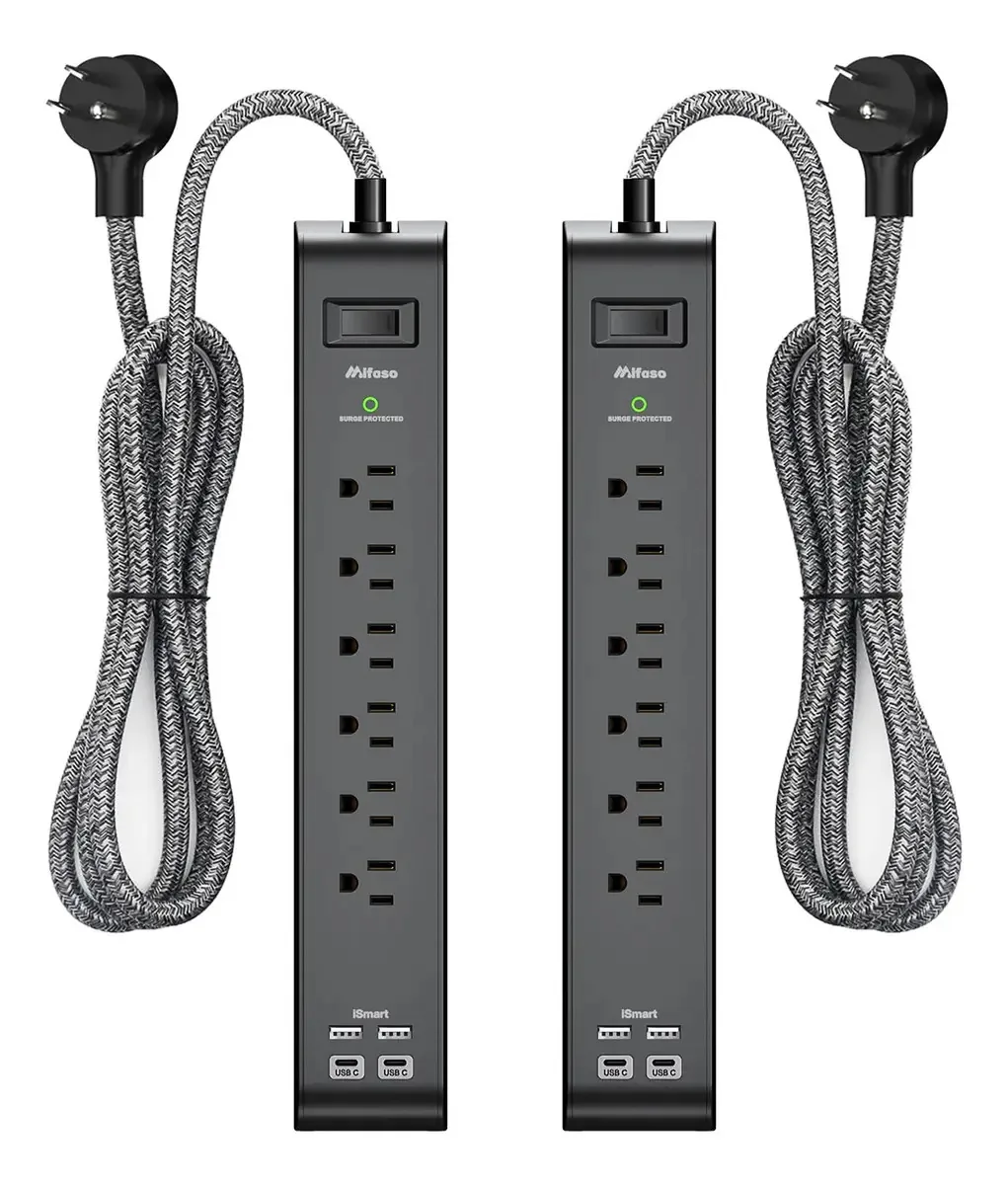 Pacote de 2 réguas de alimentação com 6 soquetes e 4 portas USB