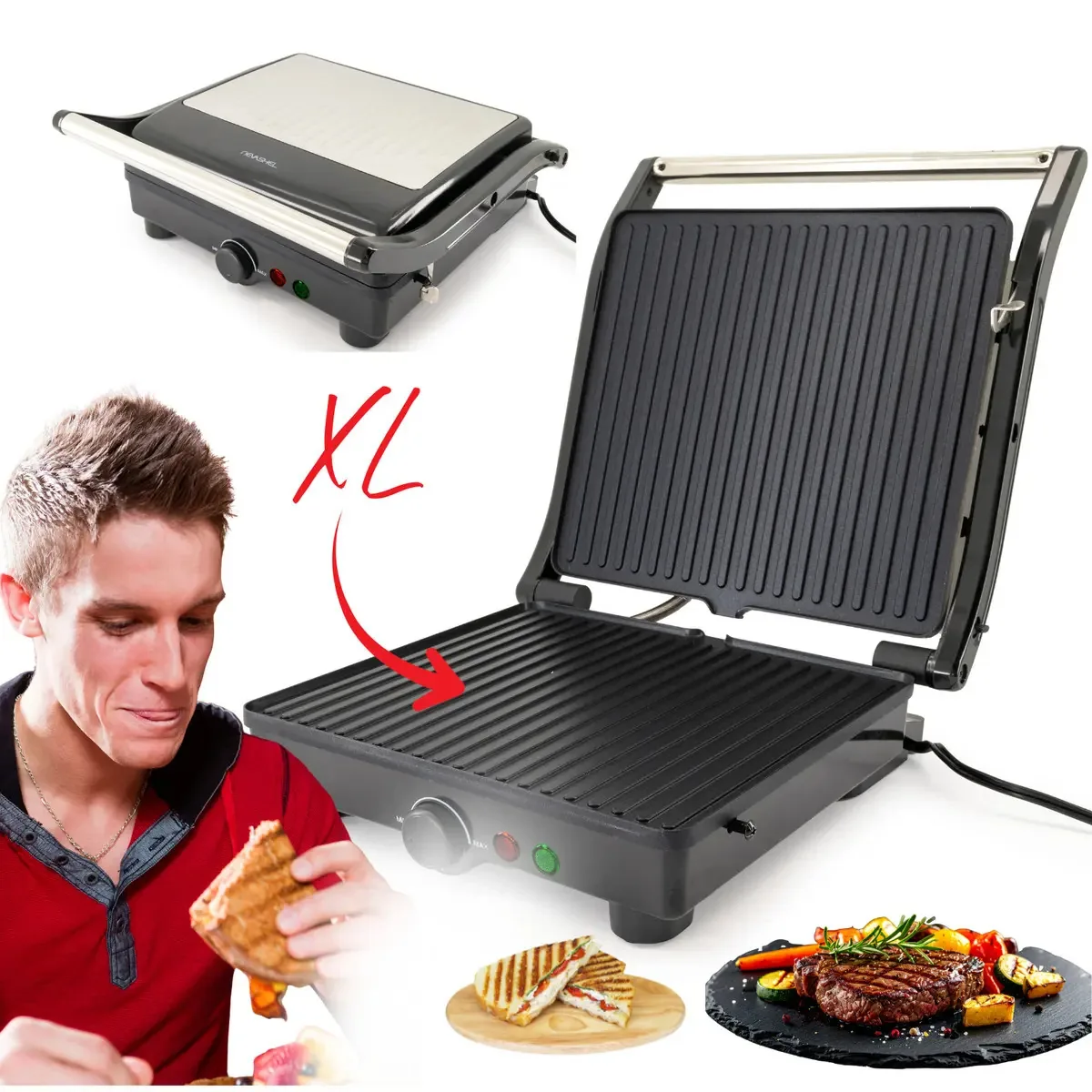 Sanduicheira elétrica extra grande Nevashel Kitchen Ad-23 com abertura de 180°, função de grelha premium para carnes e paninis, pratos antiaderentes, ideal para eventos, reuniões e refeições em...