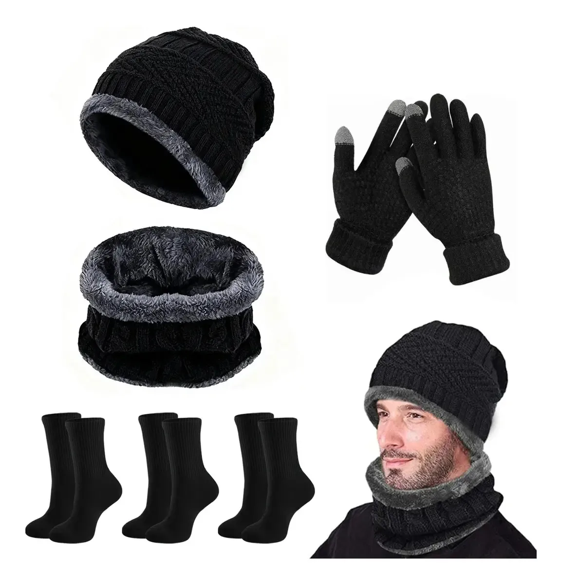 6 Luvas Gorro Bufanda Calças Tejido Lana Frío Unissex