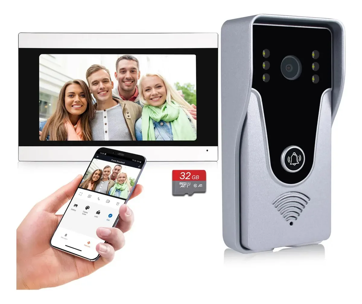 Campainha de vídeo sem fio Wifi 1080p com 7 monitores e câmera