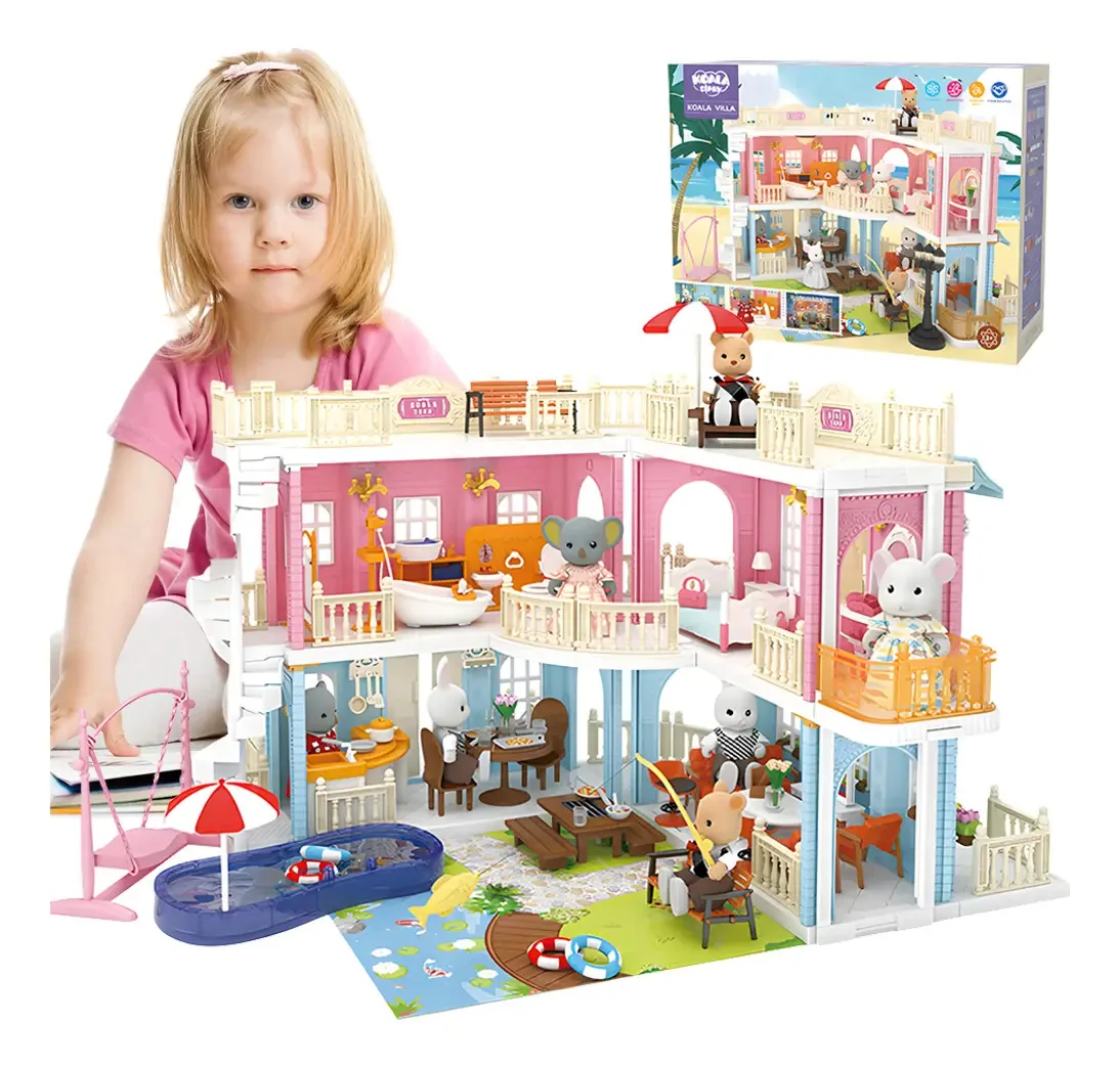 Casas para bonecas e bonecas Brinquedos para meninas Coala Castillo Villa de dupla camada rosa e azul com 3 bonecas, piscina, balanços, gazebo, etc. Acessórios domésticos Presentes adequados para...