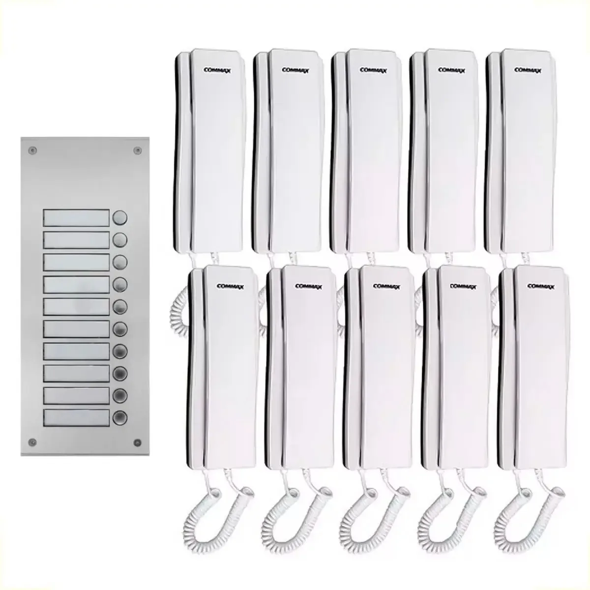 Intercomunicador de áudio Commax Building com 10 interfones brancos