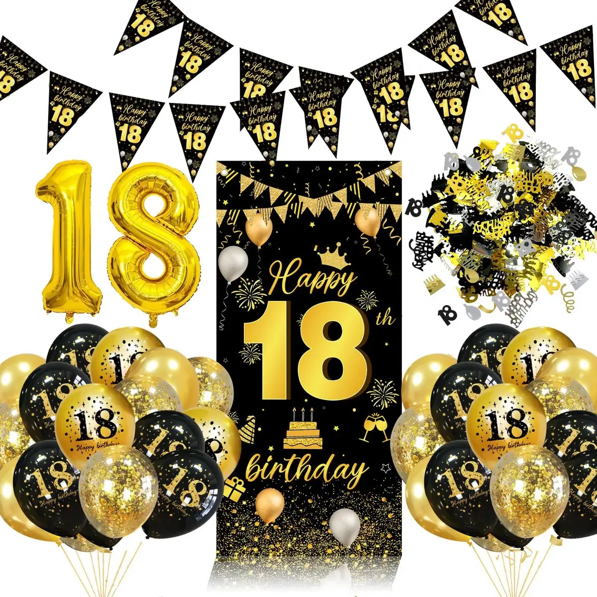 Balões decorativos para o aniversário nº 18, preto e dourado