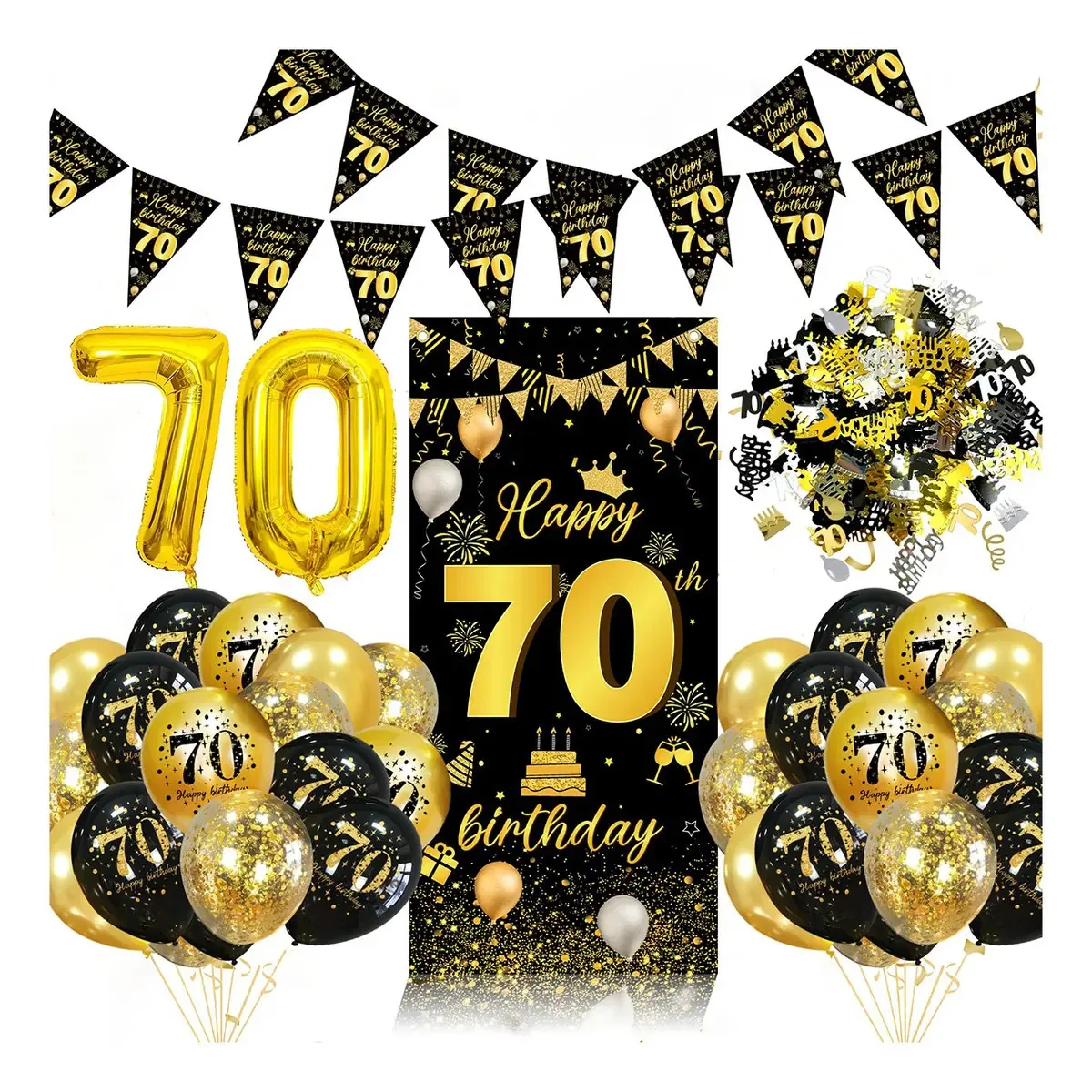 Acessórios de aniversário dourados e pretos para 70º aniversário