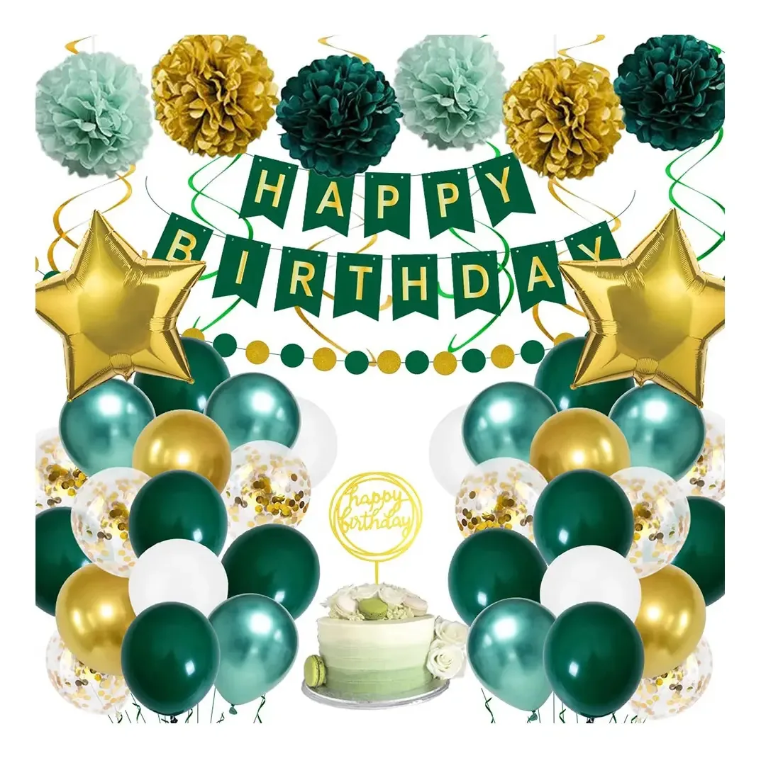 Balões de aniversário decorativos, verdes e dourados