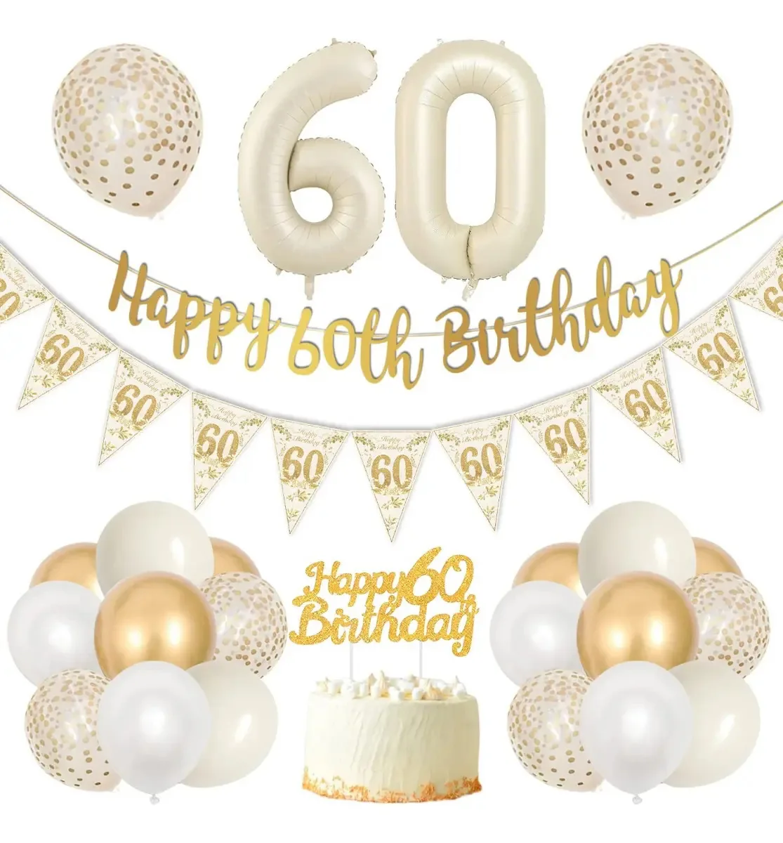 Kit de balões decorativos para o 60º aniversário: balões brancos e bege, 60 balões de platina