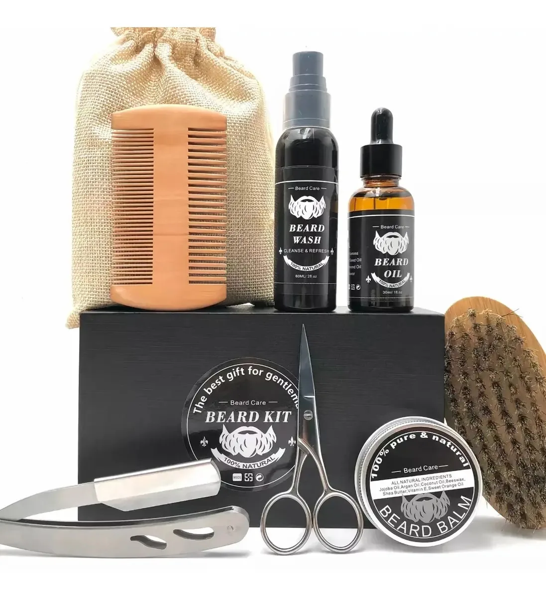 Kit de conjunto de barba Barberia Oil Wax Shampoo Razor Brush