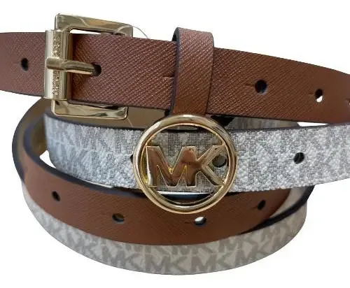 Conjunto de 2 novos cintos femininos originais Micheal Kors, cor café e branco, Ostion, tamanho médio