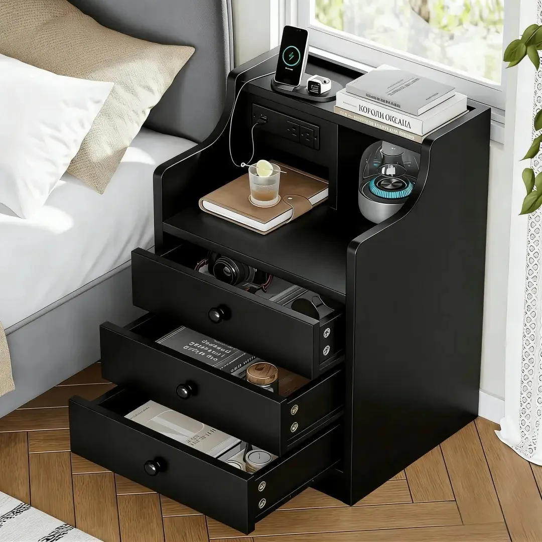 Mesa de quarto com estação de carregamento, mesa de cabeceira de quarto com 2 soquetes e 2 portas USB, mesa de cabeceira, mobília de quarto, mesa lateral, mesa de quarto e sala de estar (preta)