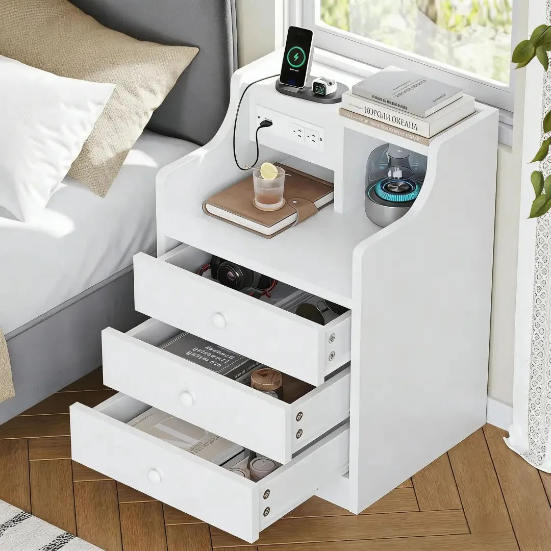Mesa de quarto com estação de carregamento, mesa de cabeceira de quarto com 2 soquetes e 2 portas USB, mesa de cabeceira, mobília de quarto, mesa lateral, mesa de quarto e sala de estar (branca)