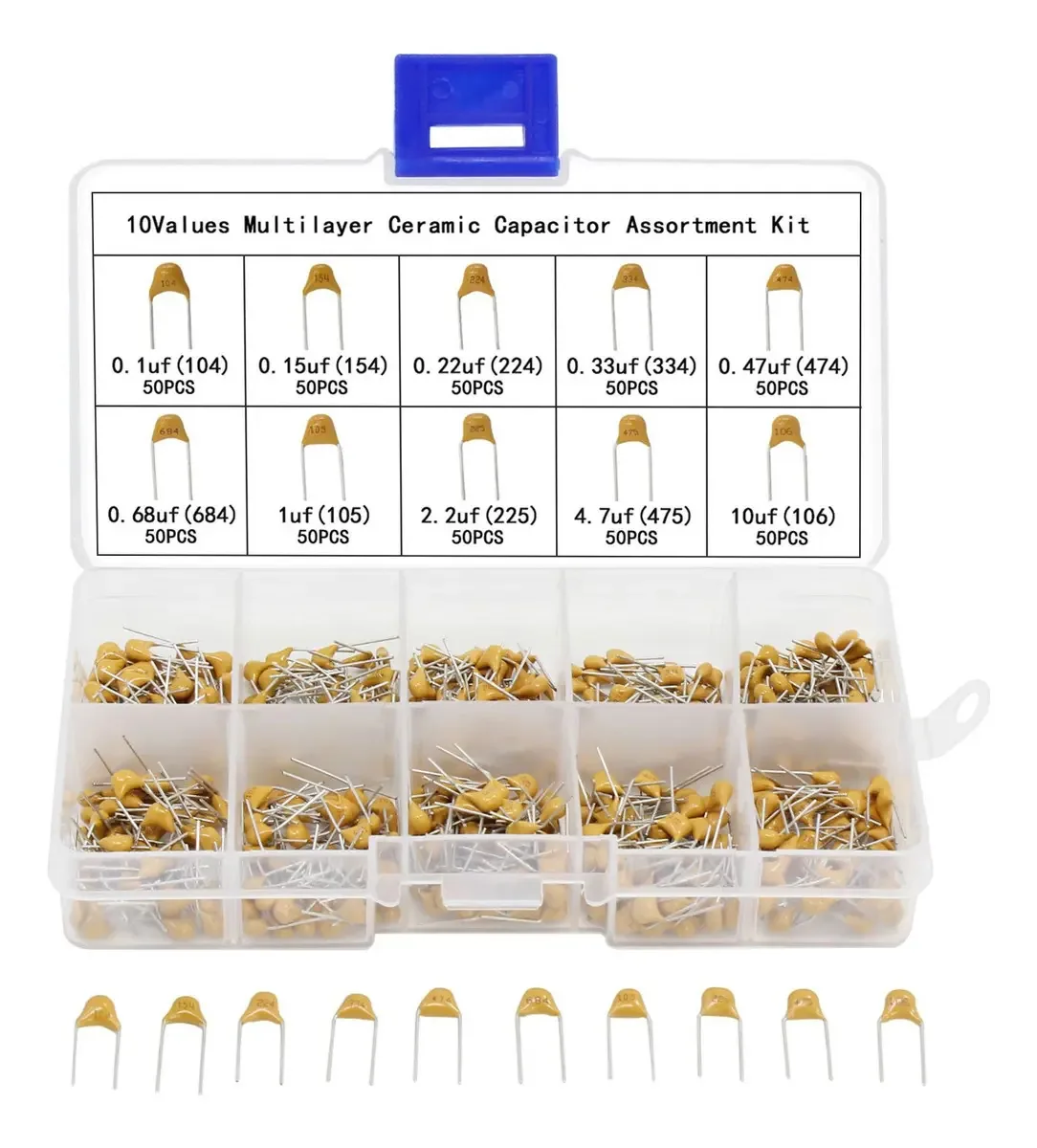 Kit De Capacitores Cerâmicos Ausl Caixa Com Faixa 0.1uf-10uf 10 Valores 500 Peças