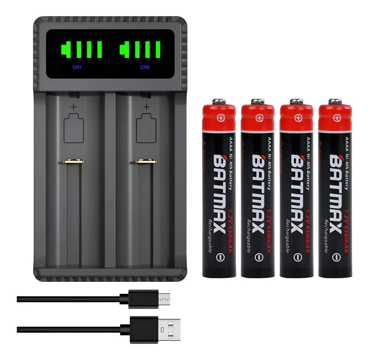 Batmax 4 pilhas recarregáveis AAA Ni-MH e carregador USB Dual L
