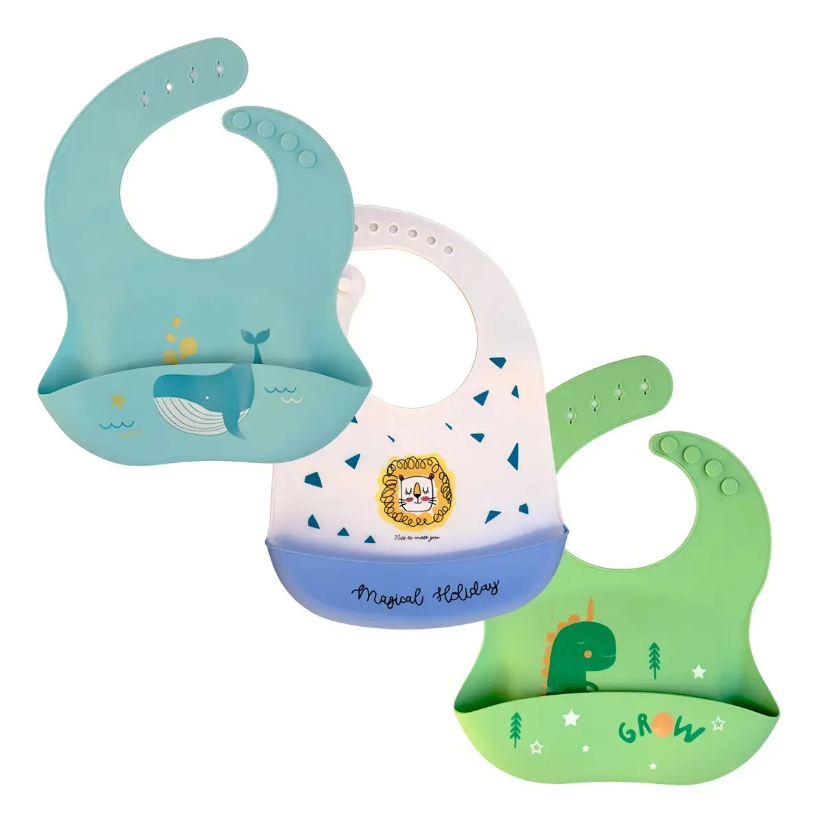 Conjunto de 3 babadores de silicone impermeáveis ecológicos para bebês azuis