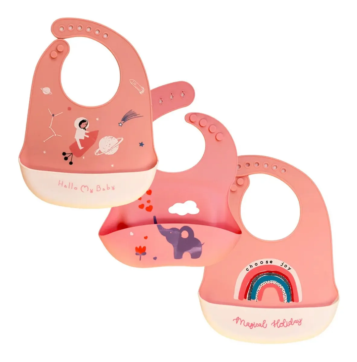 Conjunto de 3 babadores de silicone impermeáveis para bebês rosa