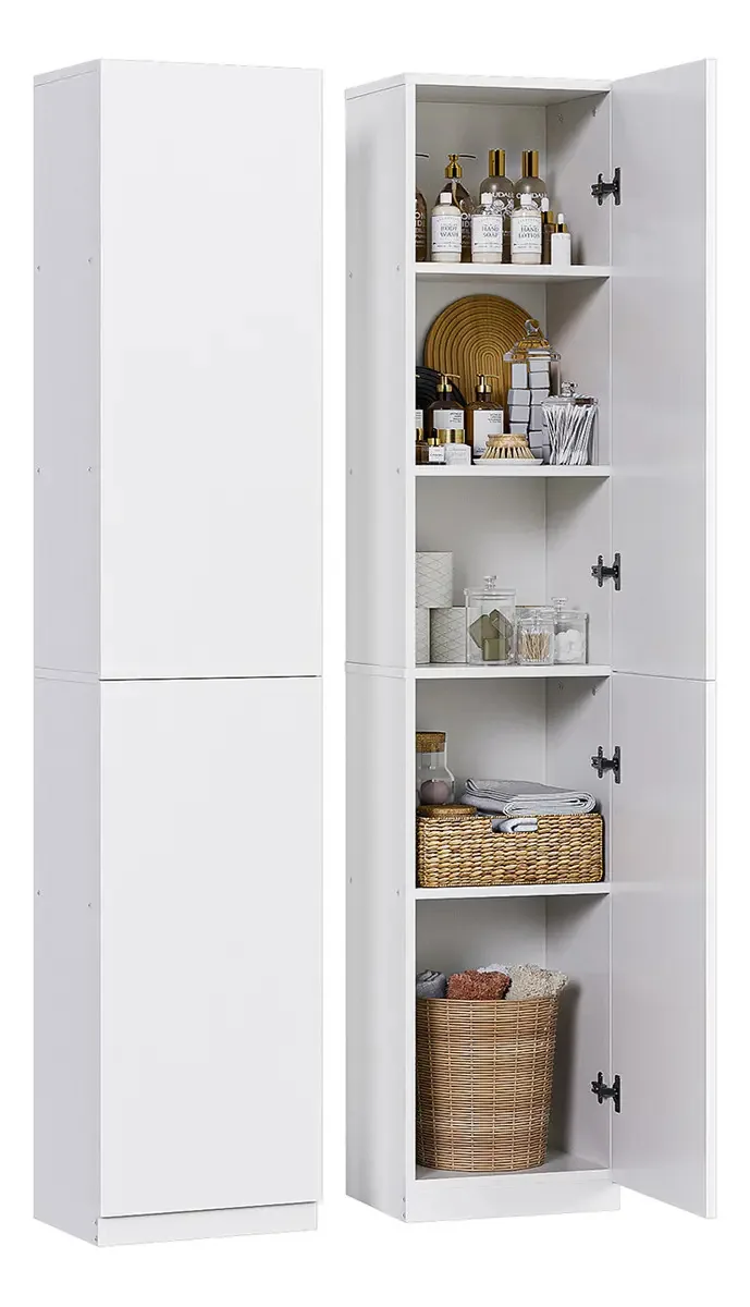 Estante de 6 camadas, organizador de estantes, porta dupla, armário branco