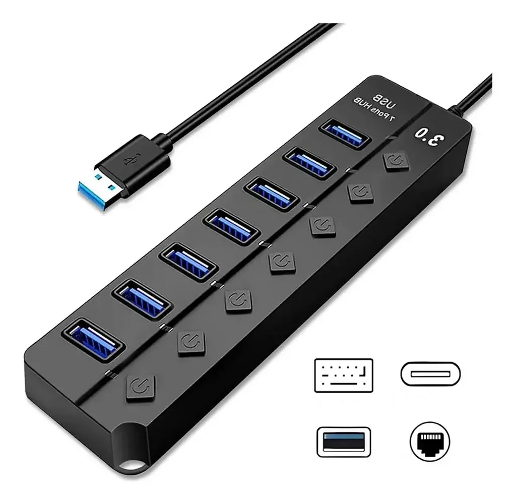 Hub USB 3.0 de 7 portas, divisor USB multiportas